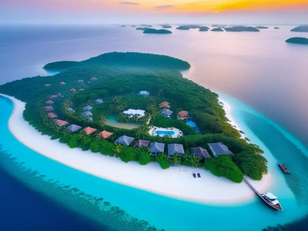 Paraíso privado: isla de lujo con playa, villas y yate al atardecer Espectacular isla privada en venta en el mercado inmobiliario, rodeada de aguas turquesas y playas de arena blanca
