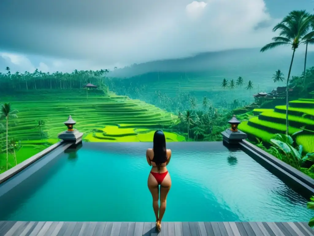 Exclusiva piscina infinita en arrozales de Bali Espectacular infinity pool en Bali fusionando lujo moderno con tradición en Resorts de tiempo compartido lujo