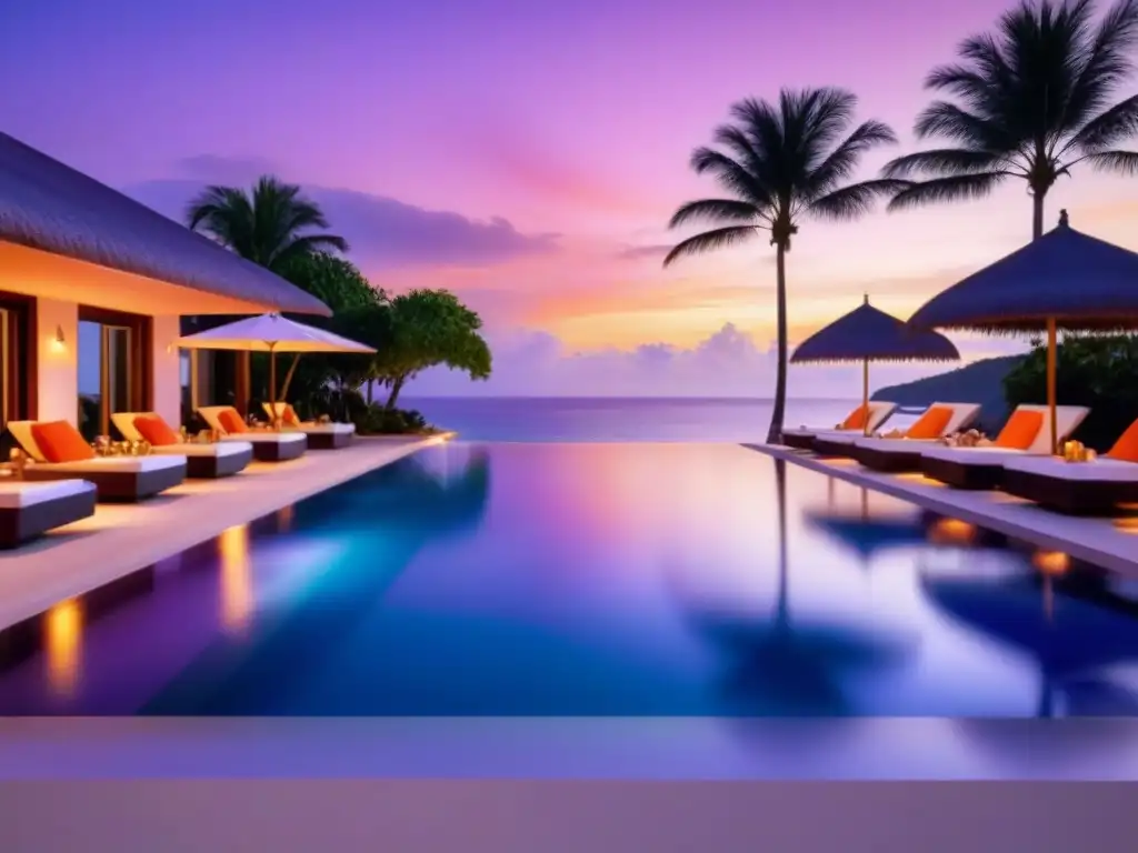 Exclusiva piscina infinita al atardecer en el paraíso Espectacular infinity pool de lujo en un resort de tiempo compartido al atardecer, rodeado de palmeras y una playa cristalina