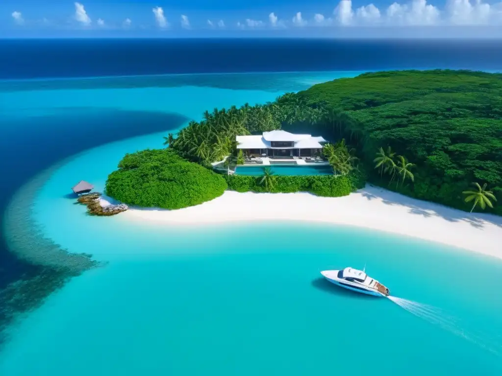 Mansión de lujo en isla privada: diseño moderno con vistas al mar turquesa Espectacular mansión moderna en isla privada, rodeada de aguas turquesas y naturaleza exuberante