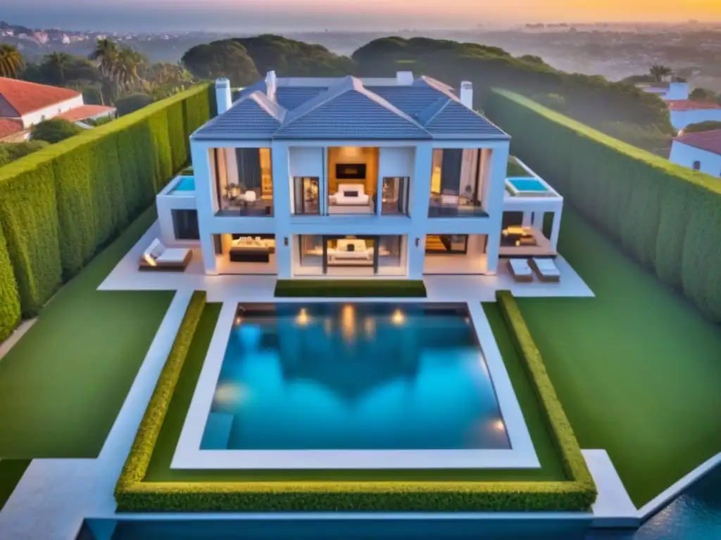 Esplendor atardecer: Mansión de lujo con drone Espectacular mansión moderna con piscina y jardines, iluminada por el sol al atardecer