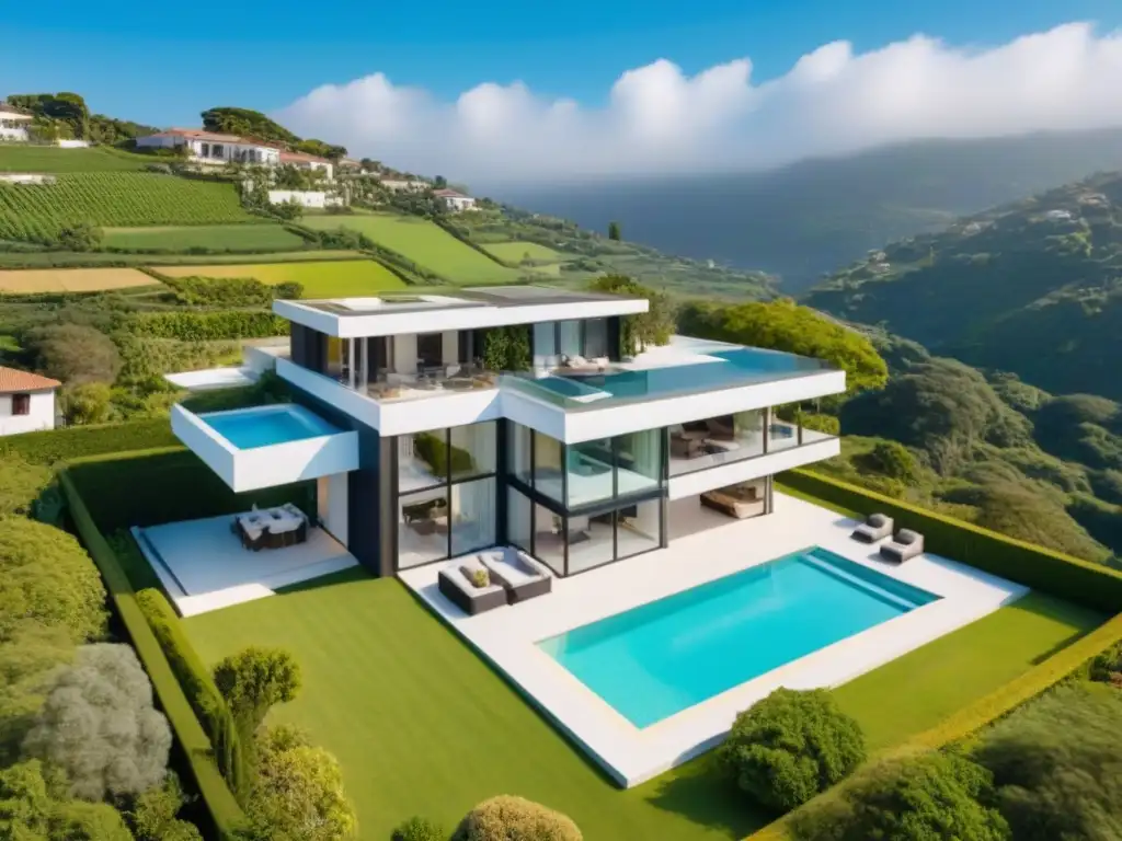 Espectacular villa moderna rodeada de naturaleza capturada con drone Espectacular villa moderna rodeada de exuberante vegetación, capturada por dron de alta tecnología