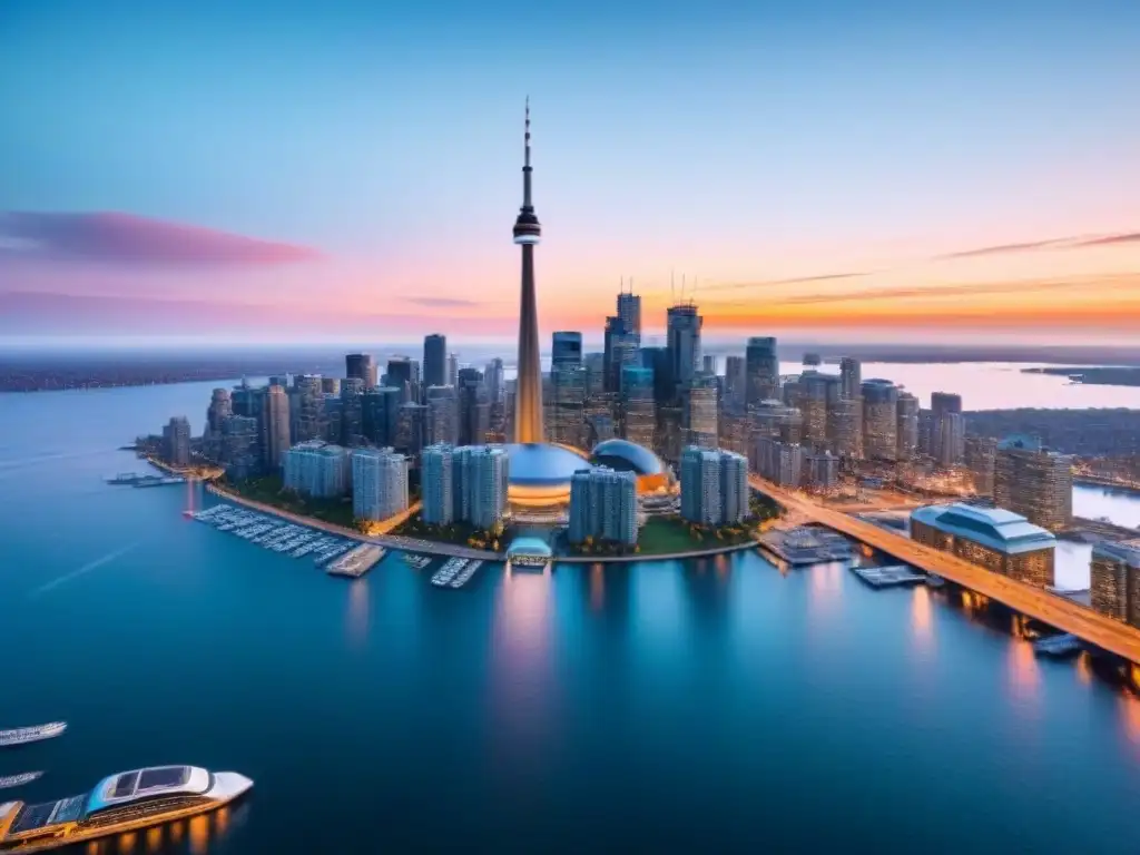 Espectacular atardecer en Toronto: CN Tower y modernos rascacielos Espectacular panorama aéreo de Toronto al atardecer, con la CN Tower destacando entre rascacielos