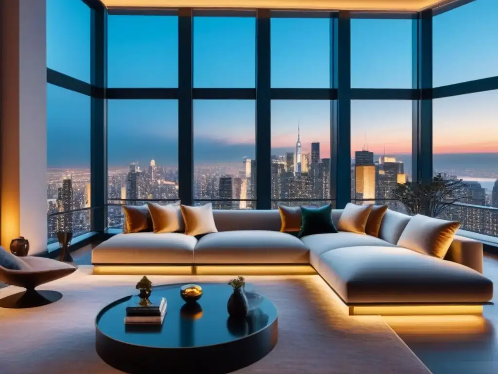 Penthouse de lujo con vista nocturna de la ciudad Espectacular penthouse de lujo con vista nocturna a la ciudad, decorado con sofisticación y luces cálidas