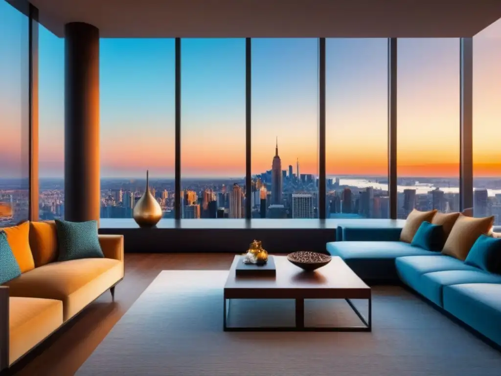 Penthouse de lujo con vista panorámica al atardecer Espectacular penthouse moderno con vista urbana al atardecer
