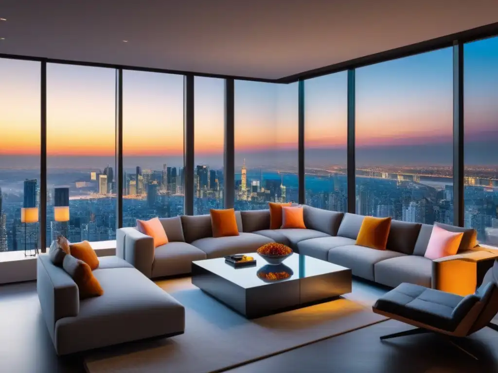 Espectacular penthouse moderno con vista panorámica a la ciudad al atardecer, reflejando tonos cálidos en mobiliario contemporáneo