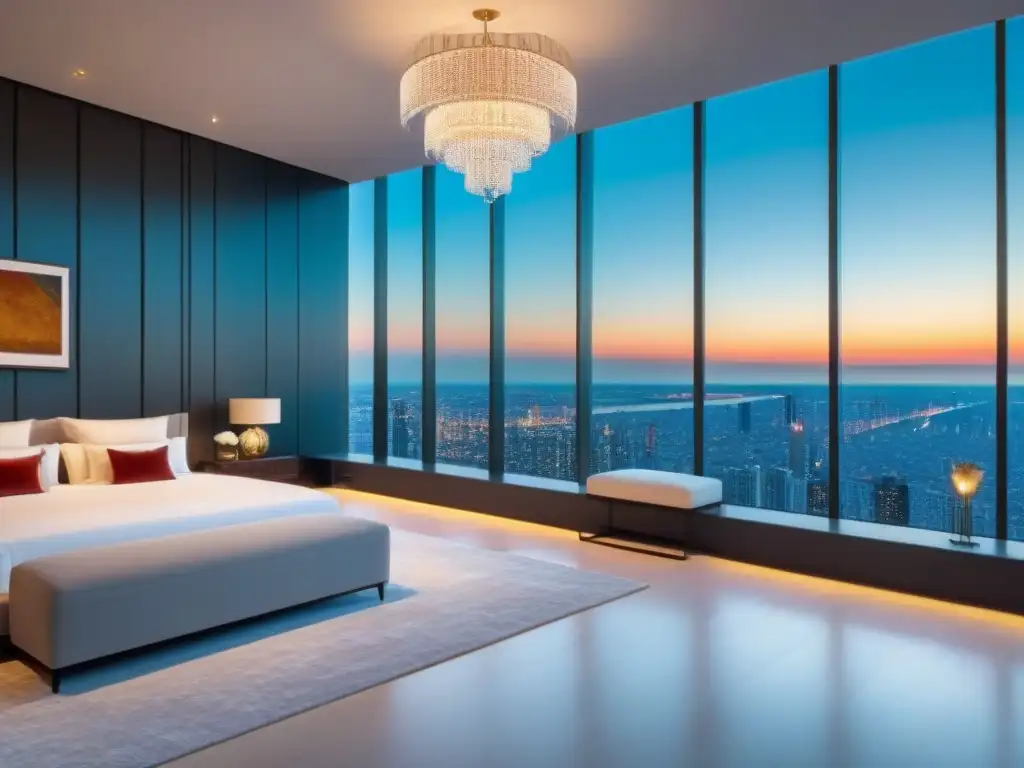 Penthouse de lujo: diseño sofisticado y opulento con vistas panorámicas Espectacular penthouse moderno con vista urbana, muebles elegantes y detalles lujosos