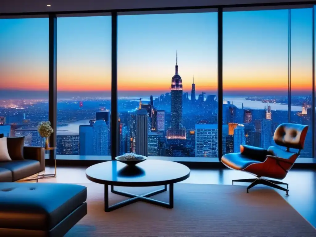 Penthouse de lujo con vistas a la ciudad al atardecer Espectacular penthouse moderno con vista a una ciudad vibrante al anochecer
