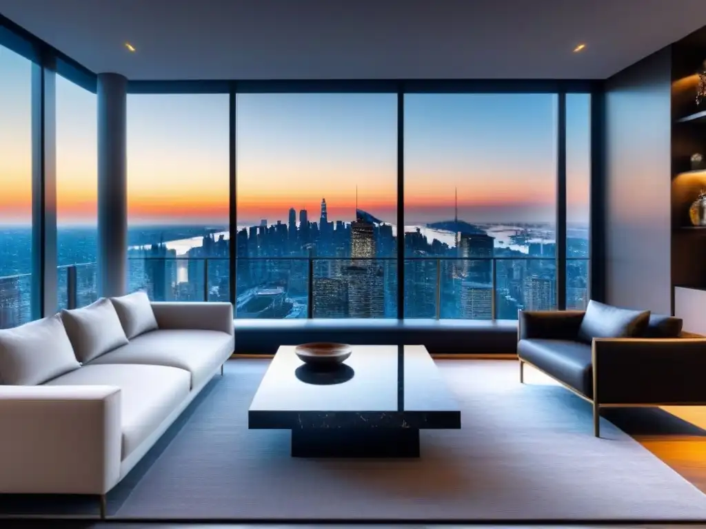 Penthouse de lujo con vista panorámica y diseño contemporáneo Espectacular penthouse moderno con vista panorámica de la ciudad, mobiliario elegante y cocina de diseño abierto