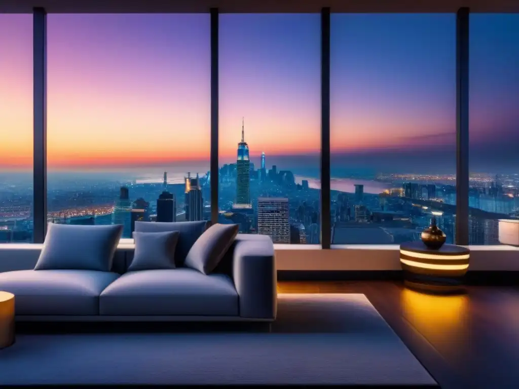 Penthouse de lujo con vista panorámica nocturna en la ciudad Espectacular penthouse moderno con vista nocturna de la ciudad