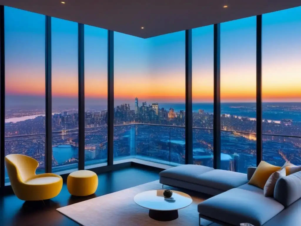 Penthouse de lujo con vista panorámica al atardecer Espectacular penthouse moderno con vista a la ciudad al atardecer, diseño elegante y ambiente acogedor para maximizar valor M&A inmobiliarias
