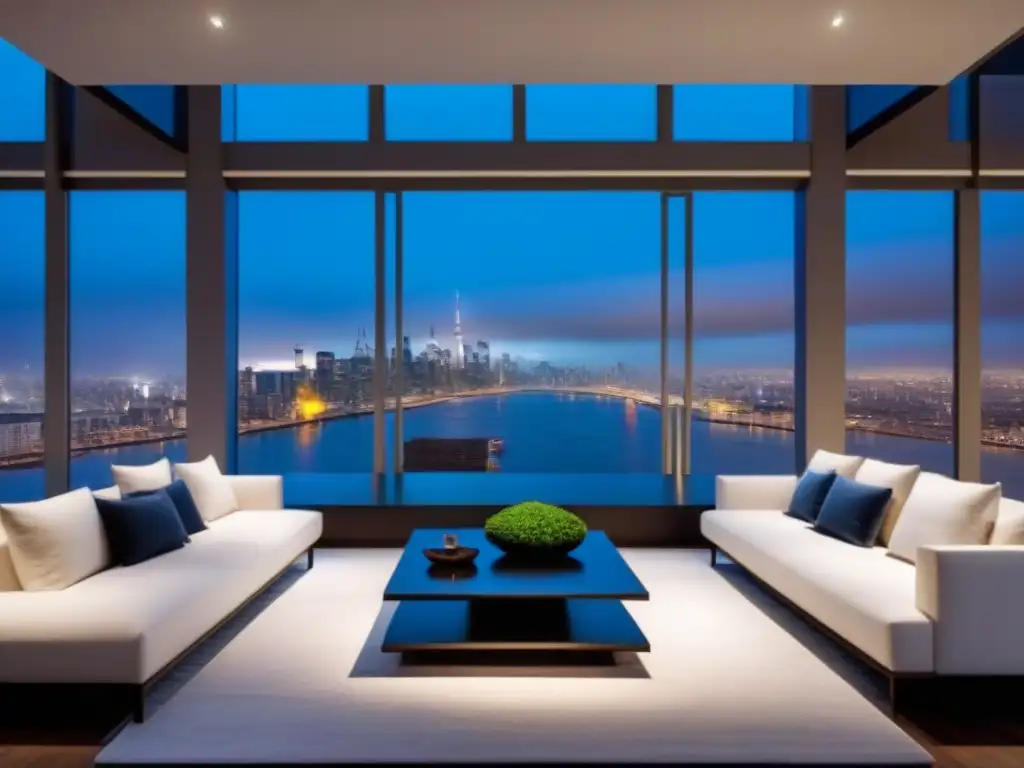 Penthouse de lujo con vista nocturna de la ciudad Espectacular penthouse moderno con vista nocturna de la ciudad, diseño minimalista y mobiliario de lujo, ideal para inversión inmobiliaria