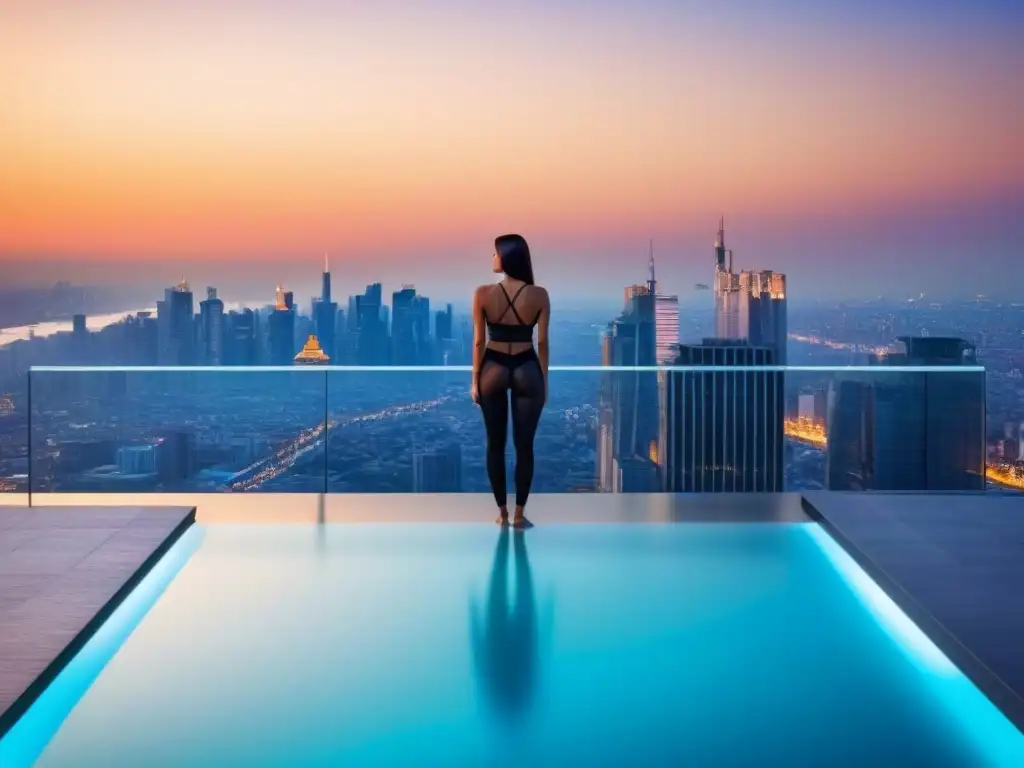 Penthouse de lujo con piscina infinita y vistas panorámicas al atardecer Espectacular penthouse moderno con vista a la ciudad y piscina infinita en la azotea al atardecer