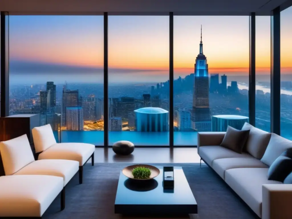 Penthouse de lujo con vista panorámica al atardecer Espectacular penthouse moderno con vistas panorámicas a la ciudad al atardecer