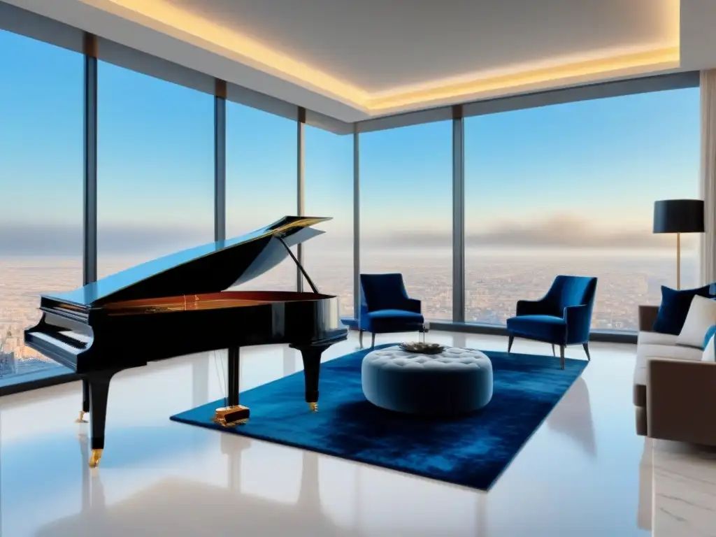 Penthouse de lujo: vista panorámica y elegancia contemporánea Espectacular penthouse moderno con vistas panorámicas a la ciudad, mobiliario de diseño y detalles elegantes