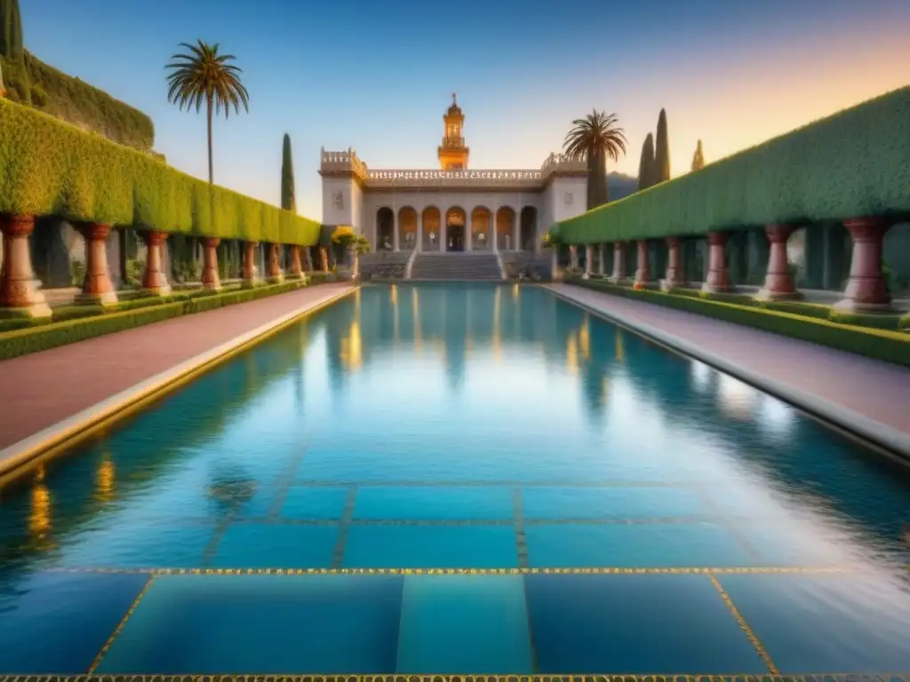 Espectacular piscina Neptuno al atardecer en Hearst Castle, reflejando lujo y grandiosidad