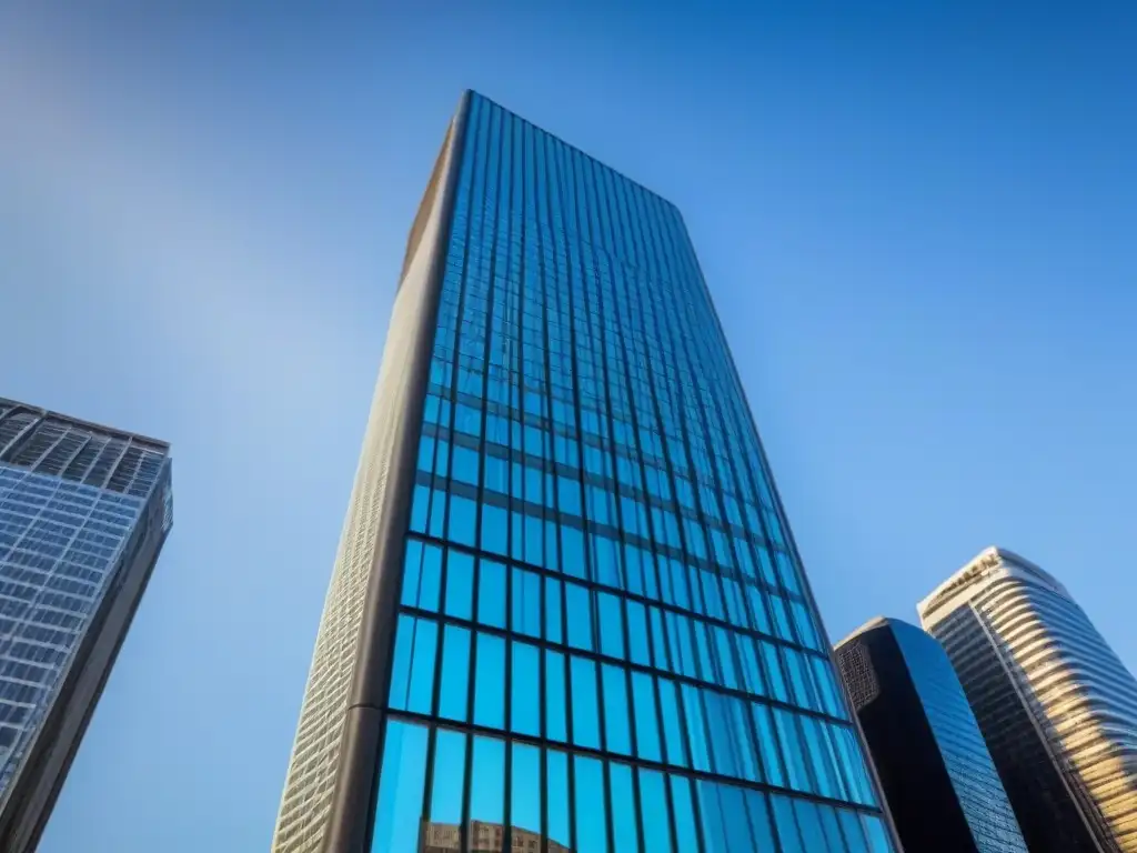 Rascacielos moderno en 8k: arquitectura urbana impresionante Espectacular rascacielos comercial moderno reflejando la vibrante ciudad en su fachada de cristal brillante