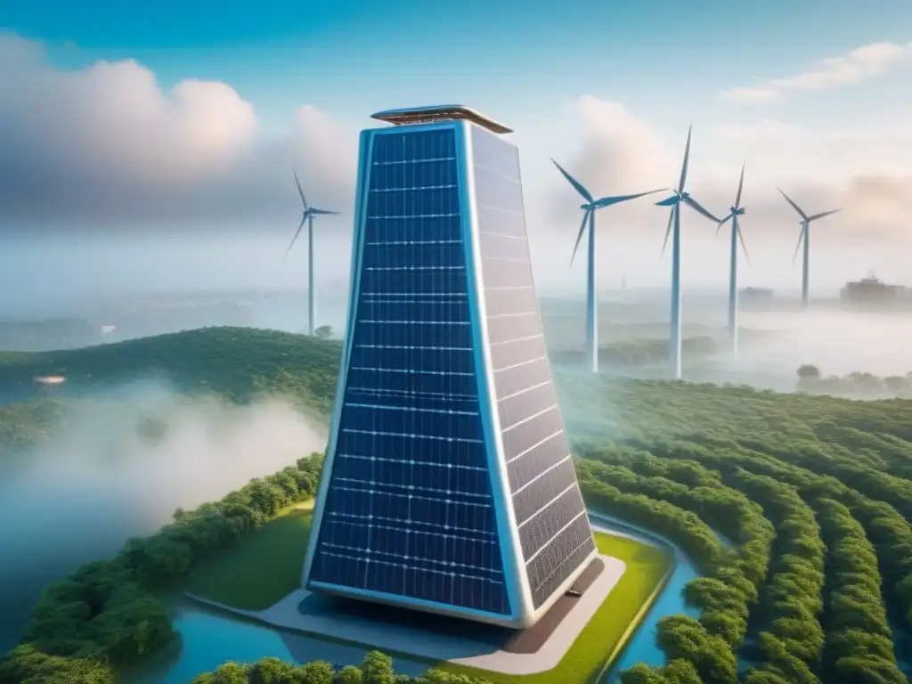 Rascacielos ecofuturista en armonía con la naturaleza Espectacular rascacielos ecológico rodeado de vegetación, integrando tecnología y naturaleza