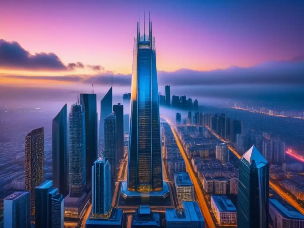 Rascacielos futurista: inversión global en bienes raíces Espectacular rascacielos futurista con fachada transparente, ciudad bulliciosa y atardecer vibrante