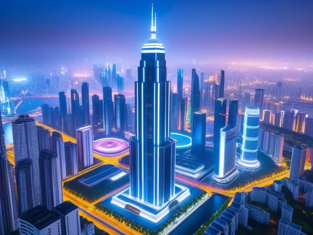 Rascacielos futurista de lujo en ciudad asiática Espectacular rascacielos futurista de lujo en ciudad asiática