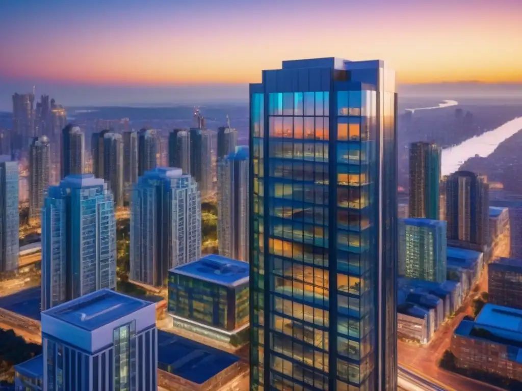 Inversión inmobiliaria de éxito: Edificio moderno en ciudad vibrante Espectacular rascacielos moderno en ciudad norteamericana al atardecer