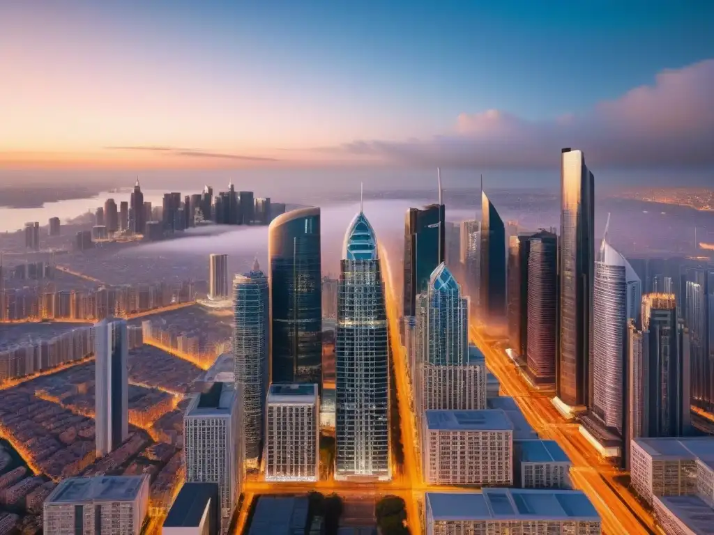 Rascacielos moderno al atardecer: inversión inmobiliaria Espectacular rascacielos moderno en ciudad bulliciosa al atardecer