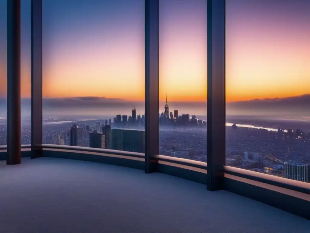 Edificio de lujo con vistas panorámicas al atardecer en la ciudad Espectacular rascacielos moderno con vista a la ciudad al atardecer