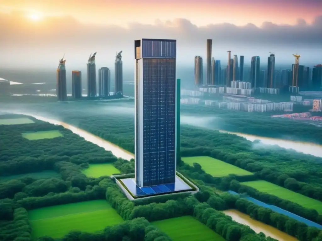 Rascacielos sostenible: fusión armoniosa entre ciudad y naturaleza Espectacular rascacielos sostenible integrado con naturaleza, paneles solares y turbinas eólicas en ciudad vibrante