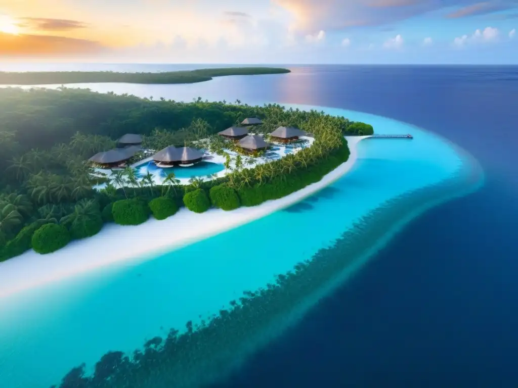 Paraíso exclusivo: resort de lujo en isla privada Espectacular resort de lujo en isla privada rodeado de aguas turquesas, villas elegantes, jardines tropicales y playa de arena blanca al atardecer