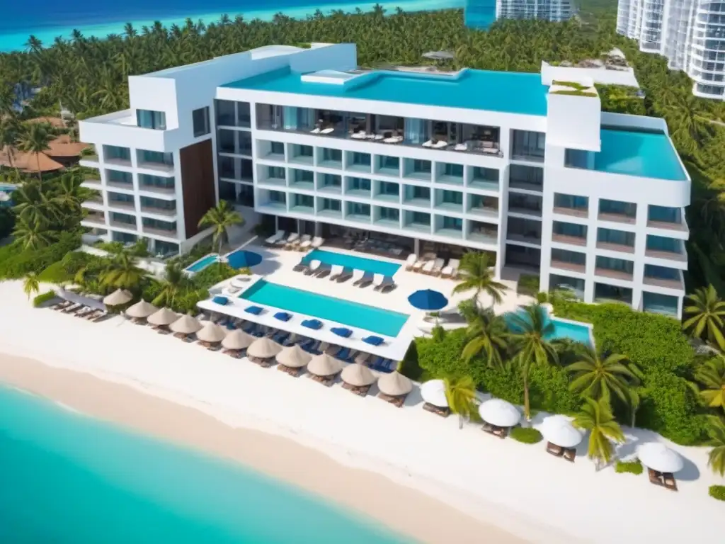 Resort de lujo con playa y piscina infinita: paraíso compartido Espectacular resort de tiempo compartido internacional con vista a la playa y moderna arquitectura, reflejando un atardecer vibrante