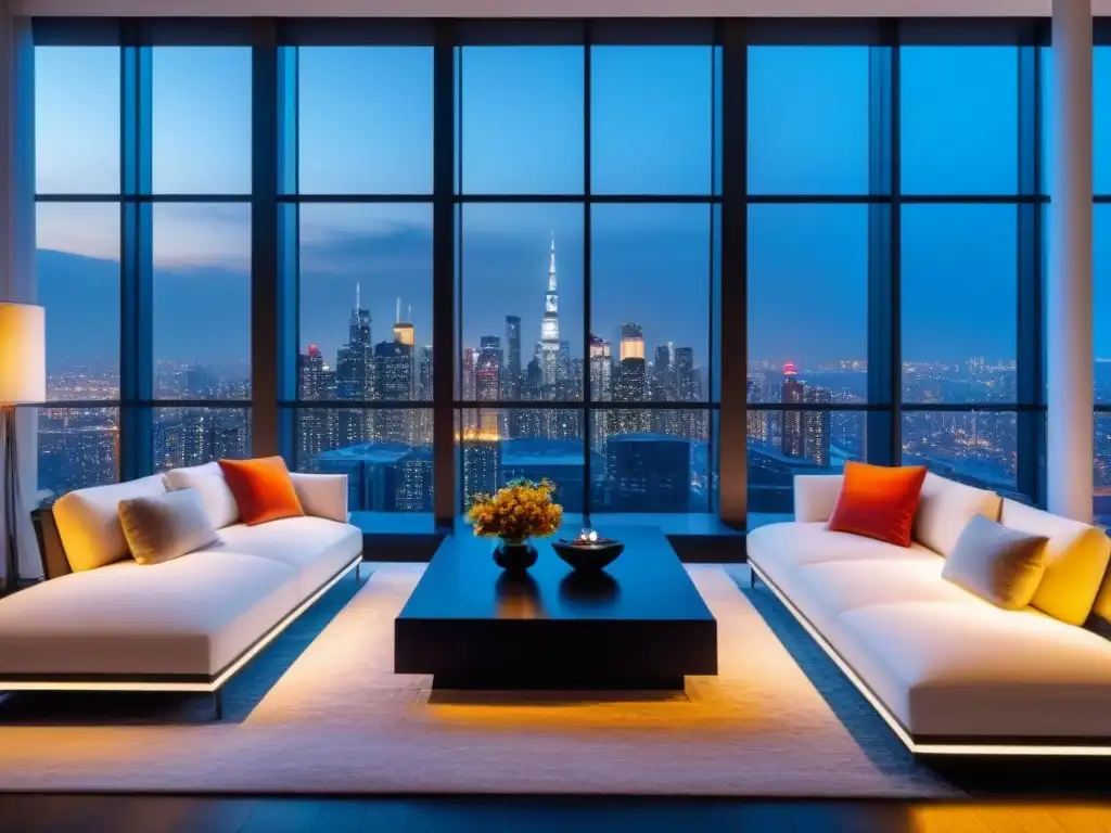 Espectacular sala de estar de un ático de lujo con ventanales de piso a techo y vista a la ciudad de noche