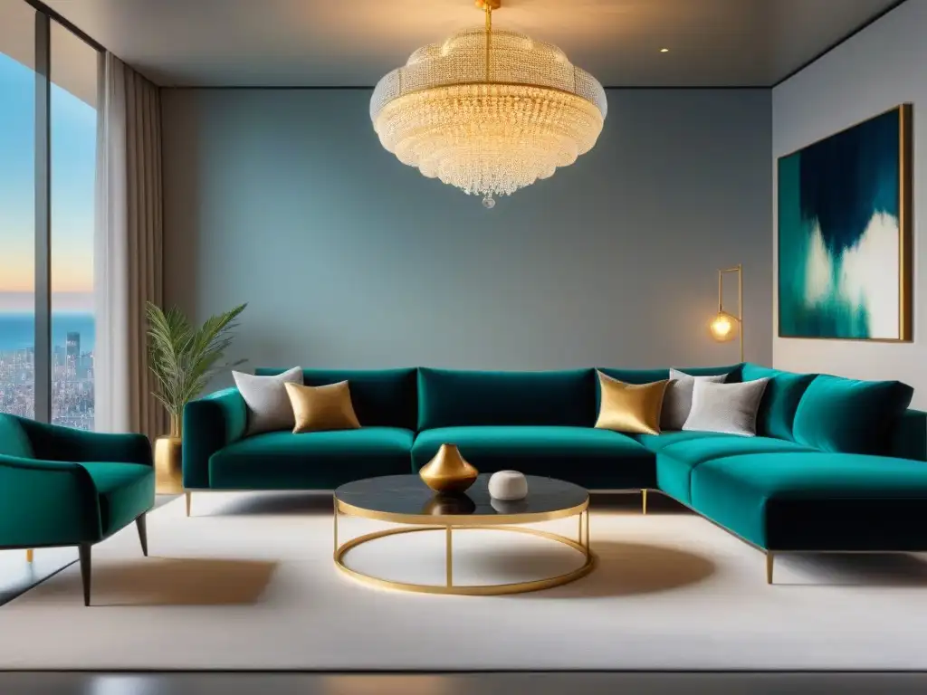 Salón de lujo en colores joya: sofisticación y opulencia Espectacular sala de estar de lujo con paleta de colores opulentos
