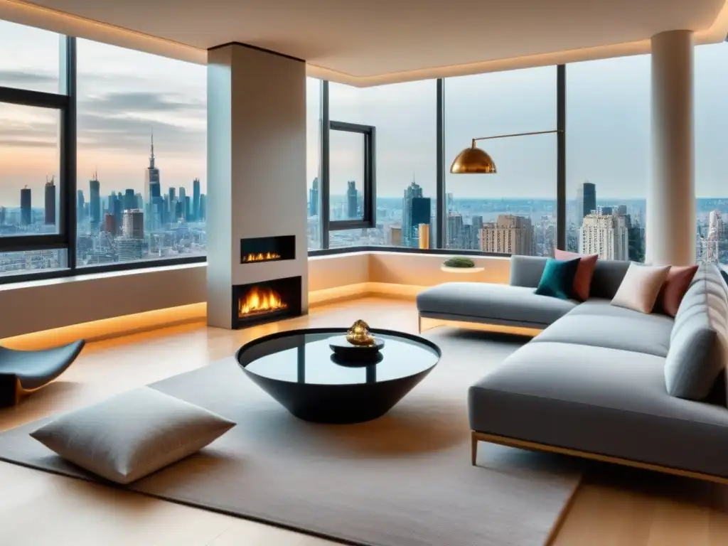 Salón de lujo en penthouse con vistas a la ciudad Espectacular sala de estar de lujo en penthouse con consejos expertos interiorismo propiedad lujo
