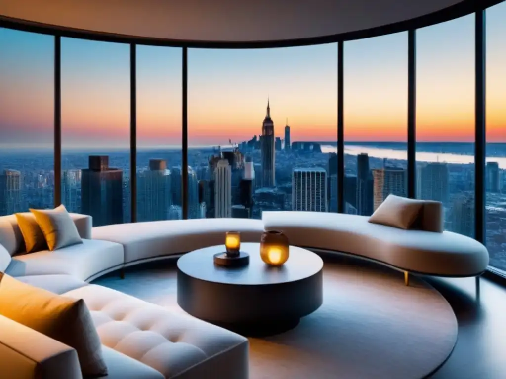 Salón de lujo con vista panorámica en la ciudad al atardecer Espectacular sala de estar de un lujoso apartamento moderno con ventanales de piso a techo y vista a la ciudad al atardecer