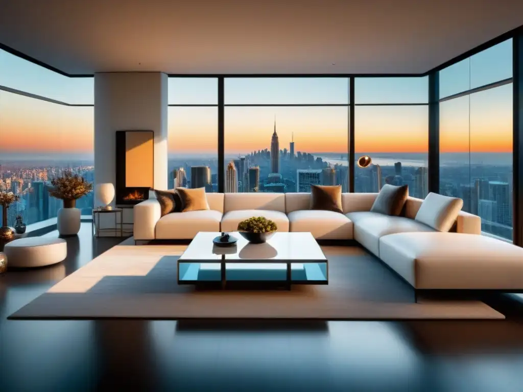 Salón moderno de lujo con vista urbana y diseño elegante Espectacular sala de estar moderna en un apartamento de lujo con vista a la ciudad