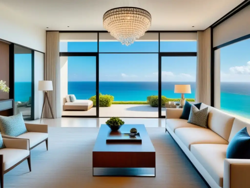Salón de lujo frente al mar: sofisticación y elegancia contemporánea Espectacular sala de estar moderna en villa frente al mar, ideal para vender tiempo compartido