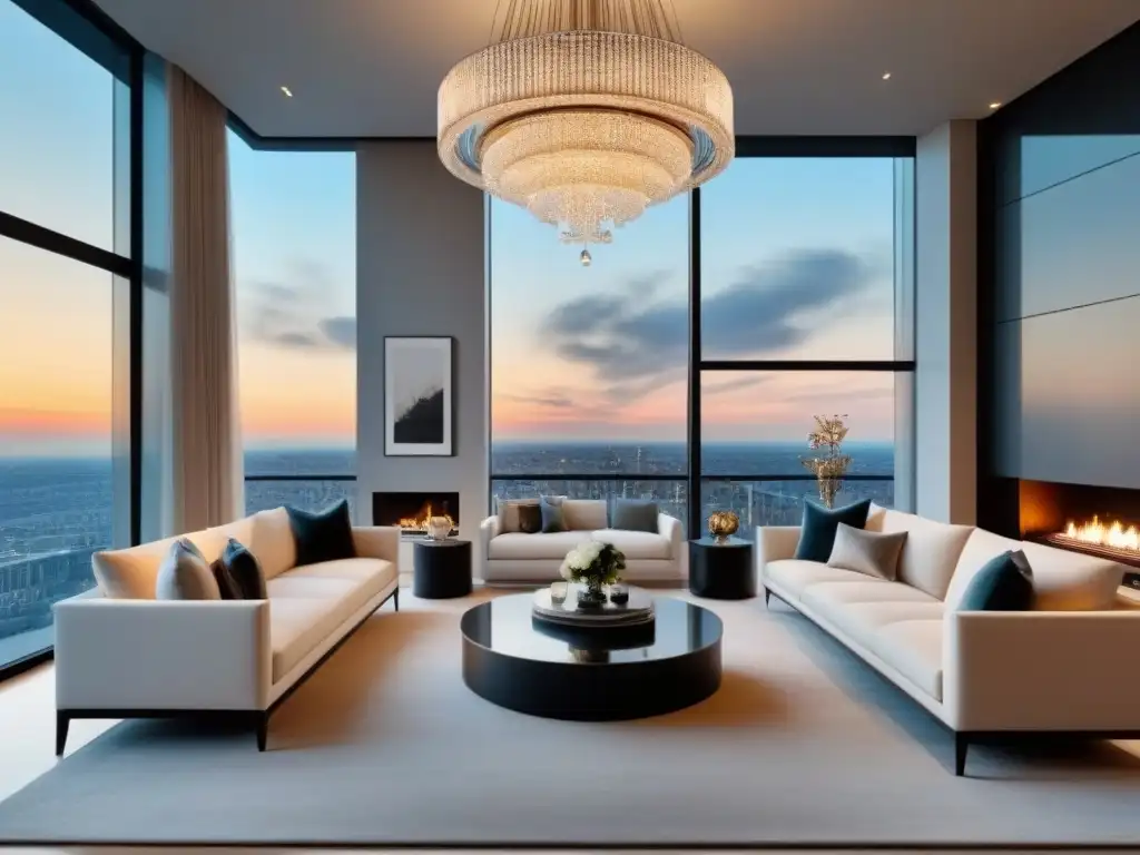 Penthouse de lujo: sala moderna con vistas panorámicas y diseño elegante Espectacular sala de estar moderna en penthouse de lujo en la ciudad