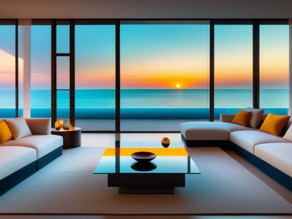 Salón moderno de lujo con vista a la playa al atardecer Espectacular sala de estar moderna con vista a la playa al atardecer, ideal para técnicas persuasión compradores tiempo compartido