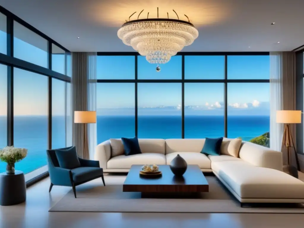Salón moderno de lujo con vista al mar: serenidad y elegancia Espectacular sala de estar moderna con vista al mar, iluminación natural y arte elegante