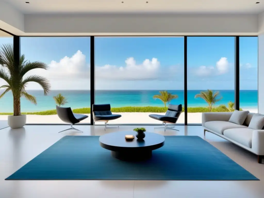 Salón moderno de lujo con vista a la playa Espectacular sala de estar moderna con vista a la playa, decoración elegante en blanco, azul y gris