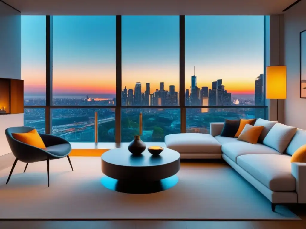 Vista panorámica ciudad moderna atardecer Espectacular sala de estar moderna con vista panorámica de ciudad al atardecer