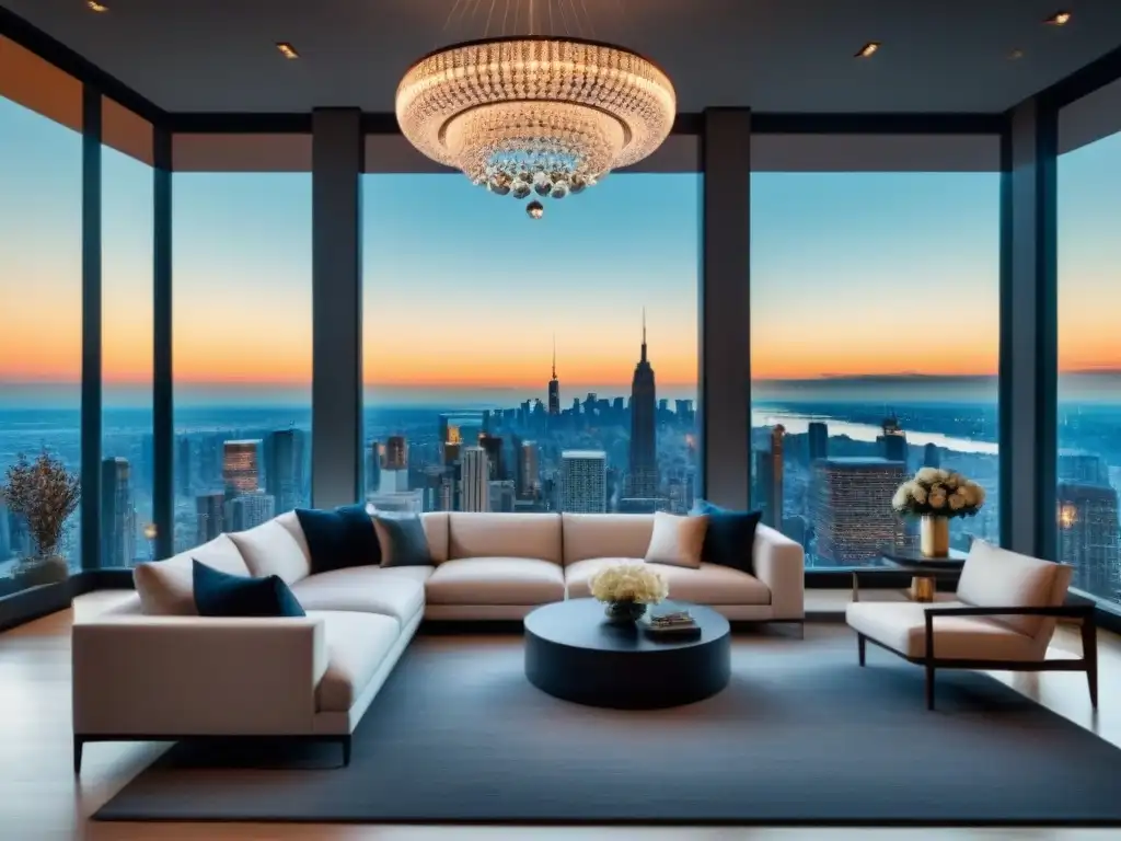 Salón de lujo con vistas a la ciudad: diseño contemporáneo y opulencia Espectacular sala de estar moderna con vista a la ciudad, elegante mobiliario contemporáneo y toques de opulencia
