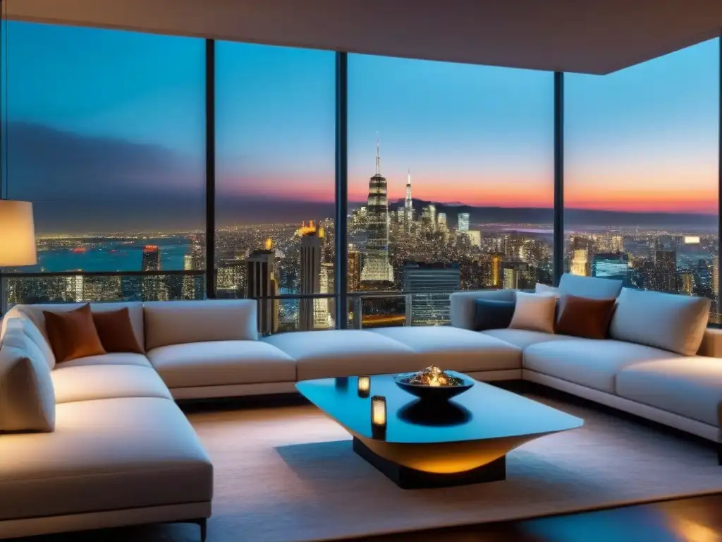 Elegante sala de estar con vista nocturna de la ciudad Espectacular sala de estar moderna con vista a la ciudad de noche