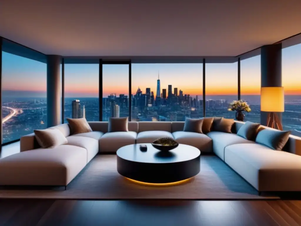 Salón moderno con vista panorámica de ciudad al atardecer Espectacular sala moderna con vista panorámica de la ciudad al atardecer