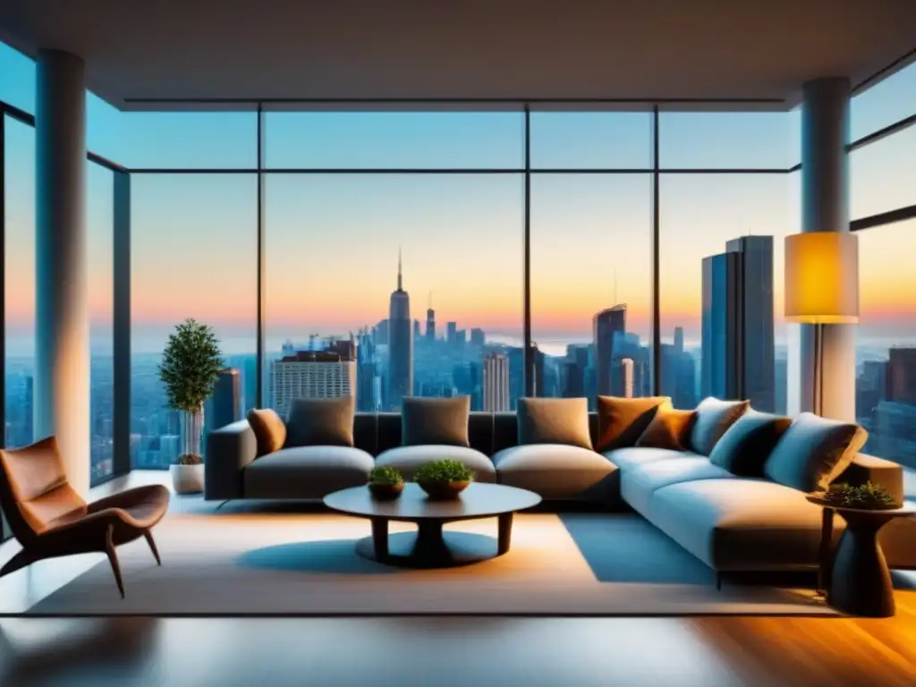 Salón moderno de lujo con vistas a la ciudad y toque de naturaleza Espectacular sala de estar moderna con vista a la ciudad, muebles elegantes y arte contemporáneo, ideal para negociar precios bienes raíces postcrisis