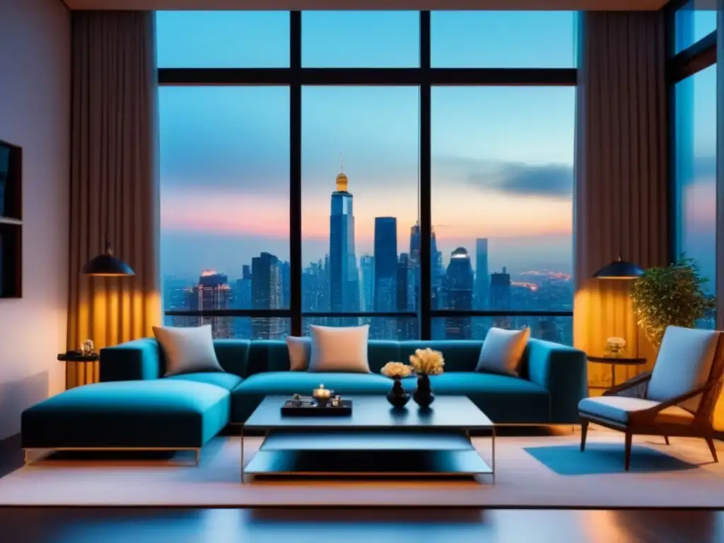 Salón de lujo con vistas panorámicas a la ciudad al atardecer Espectacular sala de estar moderna con vista a la ciudad al anochecer, ideal para vender propiedades de lujo internacional