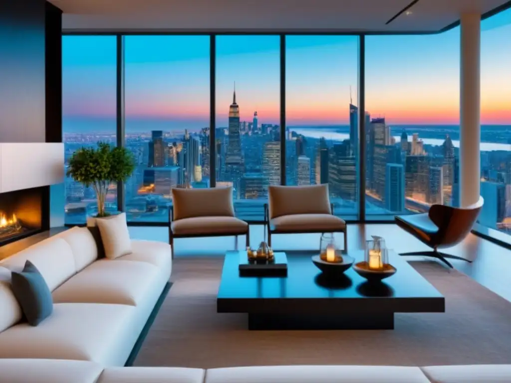 Penthouse moderno de lujo con vista panorámica en 8k Espectacular sala de estar de penthouse moderno con tendencias renovación mercado inmobiliario internacional