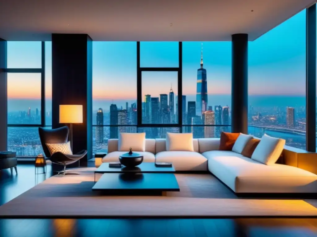 Salón de lujo en rascacielos con vistas panorámicas Espectacular sala de estar en propiedad internacional de lujo, con vista panorámica a la ciudad