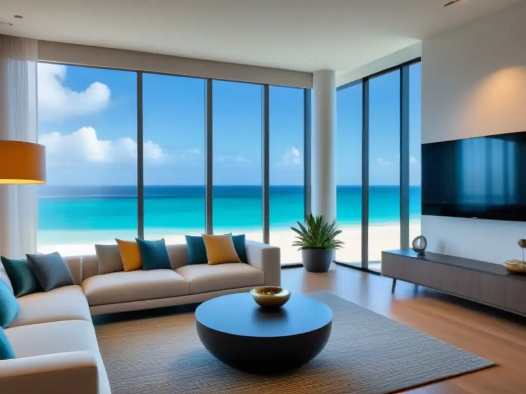 Salón de lujo con vista a la playa en propiedad compartida Espectacular sala de estar en propiedad de tiempo compartido de lujo con vista a la playa