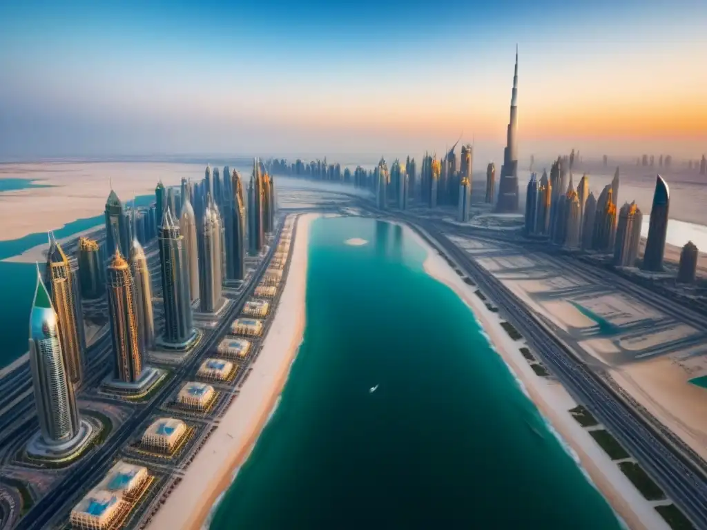 Esplendor dorado: Skyline de Dubai al atardecer Espectacular skyline de Dubai al atardecer, reflejando el impacto de la crisis económica en el mercado inmobiliario
